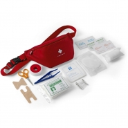 Torebka zapinana w pasie, apteczka, zestaw pierwszej pomocy, 1 banda� z 2 agrafkami, 1 banda�, 1 plaster na oko, 2 chusteczki nas�czone alkoholem, 2 chusteczki z jodowanym powidonem, 2 chusteczki na uk�szenia, 2 sterylne plastry oraz 2 sterylne gaziki (V8